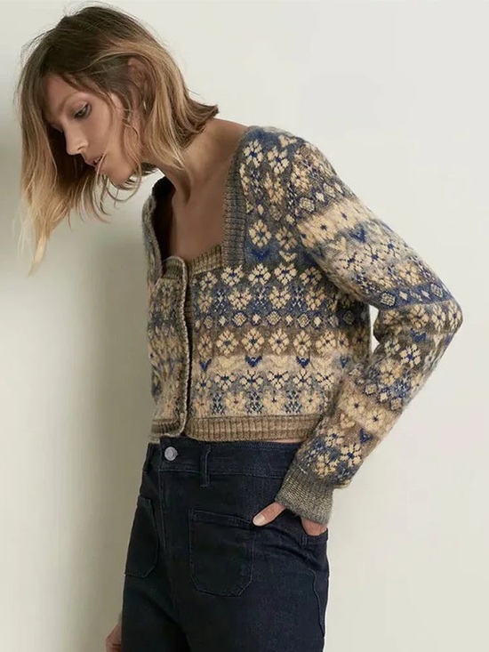 Zara Sweaters - ZARA Floral Fair Isle Cardigan Chunky Knit Button Sweater